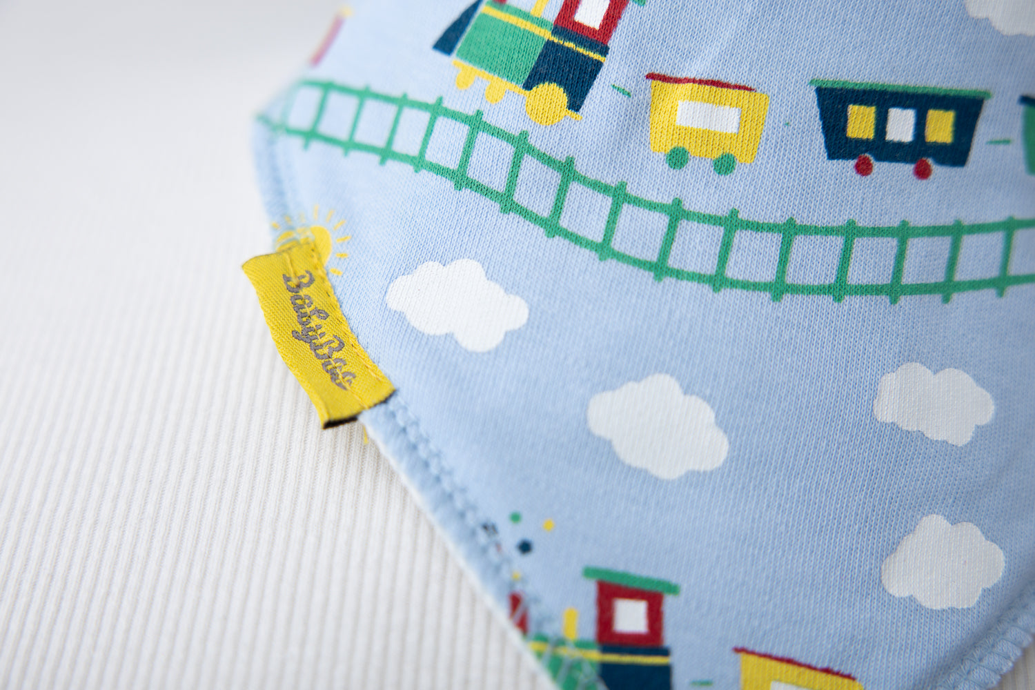 Choo choo trains baby blue organic cotton DribbleBoo bandana bib