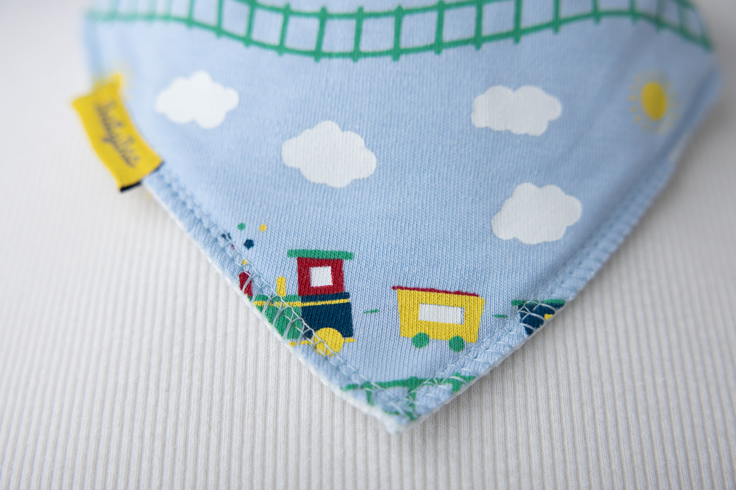 Choo choo trains baby blue organic cotton DribbleBoo bandana bib