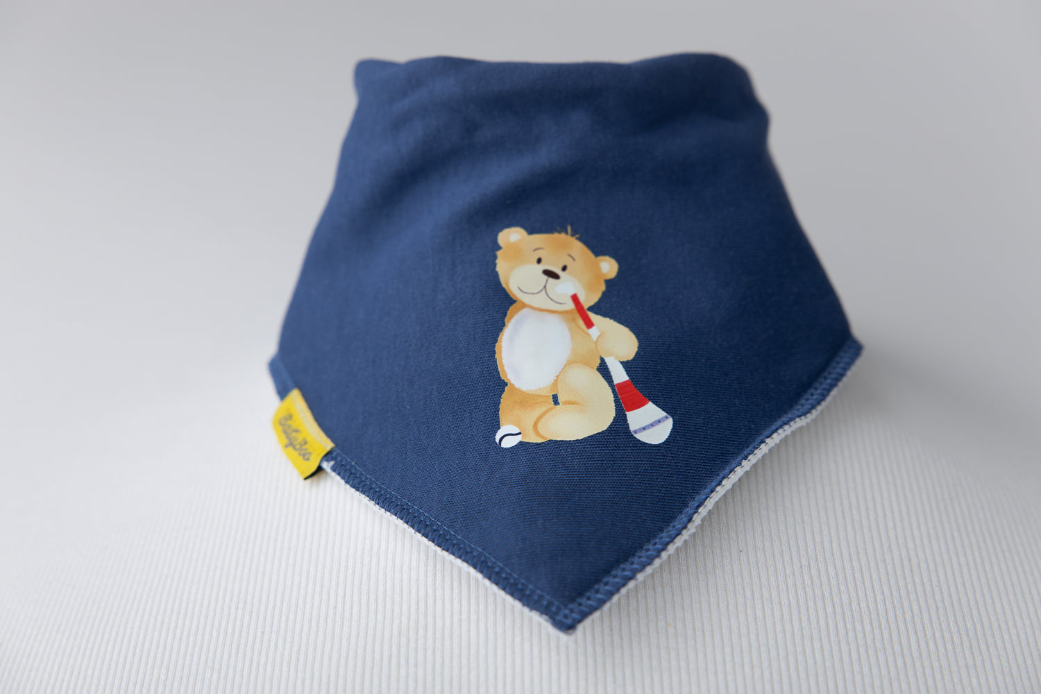 Indigo Puc about with Teddy organic cotton DribbleBoo bandana bib