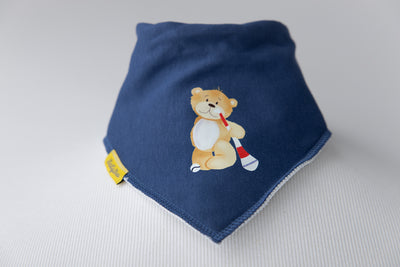 Indigo Puc about with Teddy organic cotton DribbleBoo bandana bib