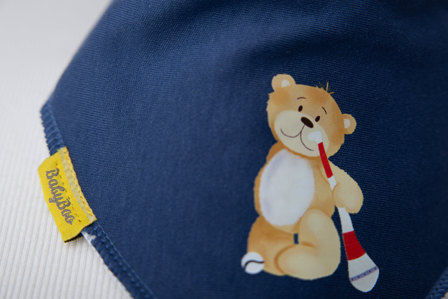 Indigo Puc about with Teddy organic cotton DribbleBoo bandana bib