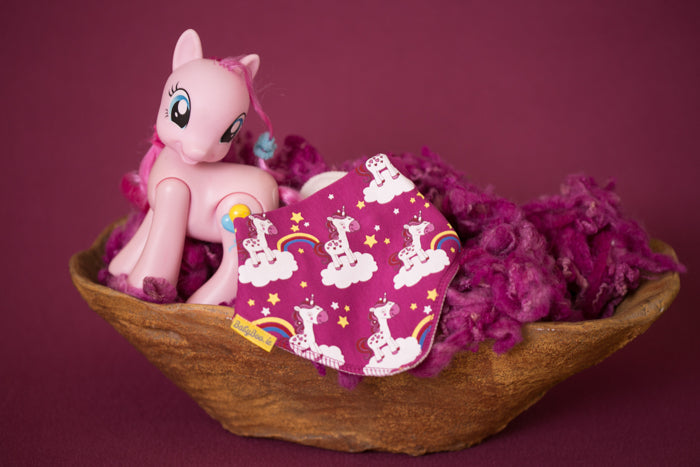 Plum unicorns & rainbows organic cotton DribbleBoo bandana bib