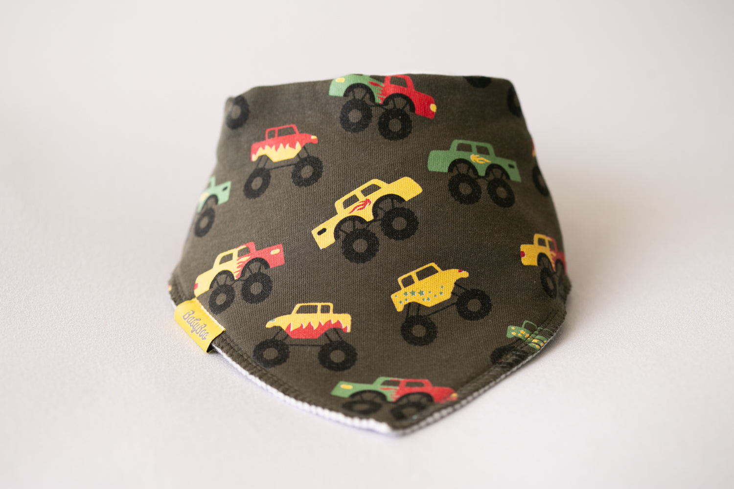 Khaki monster trucks organic cotton DribbleBoo bandana bib