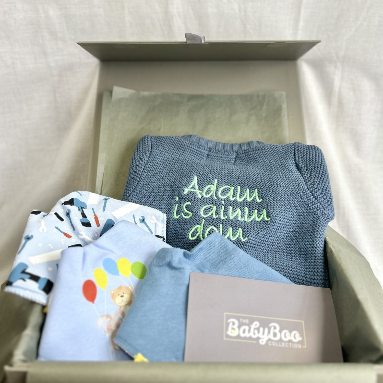 Name in Irish gift box - cardigan and bibs
