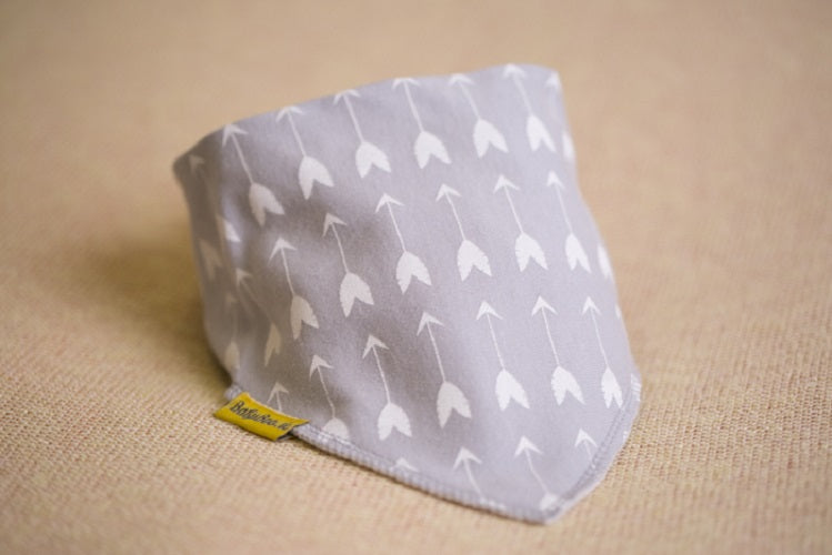 Grey with white arrows organic cotton DribbleBoo bandana bib