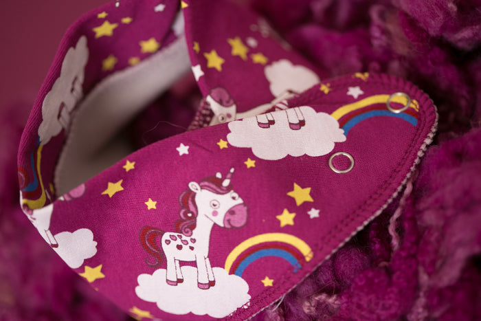Plum unicorns & rainbows organic cotton DribbleBoo bandana bib