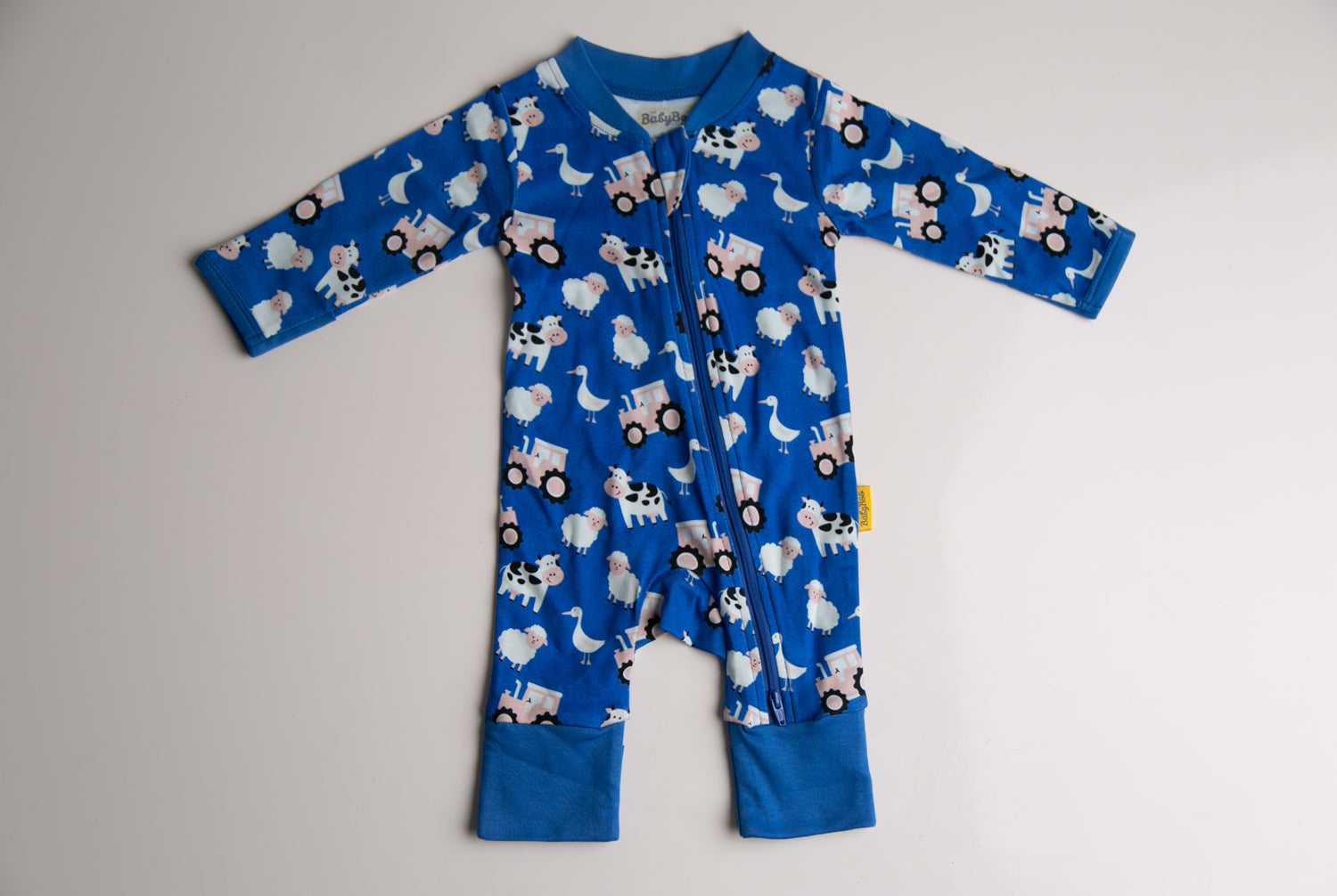 Blue Farmyard organic cotton ZippyBoo suit