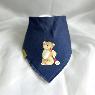 Indigo Puc about with Teddy organic cotton DribbleBoo bandana bib