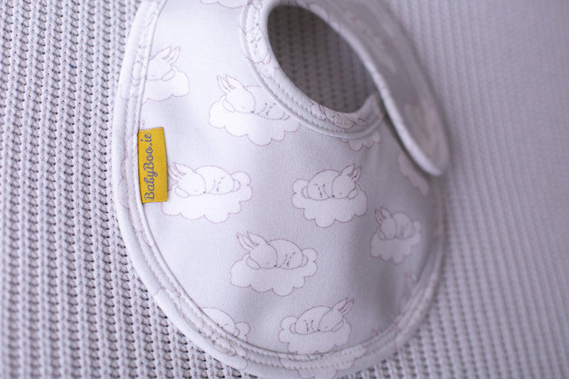 Grey sleepy bunnies organic cotton LittleBoo baby bib