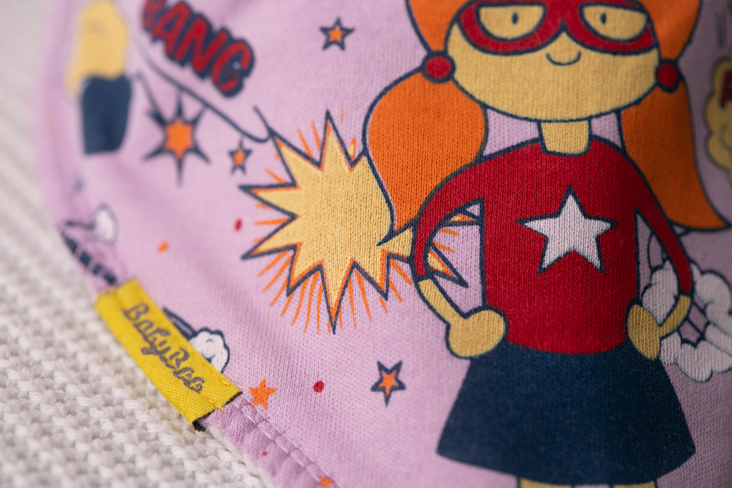 Lilac superhero Aoife organic cotton DribbleBoo bandana bib