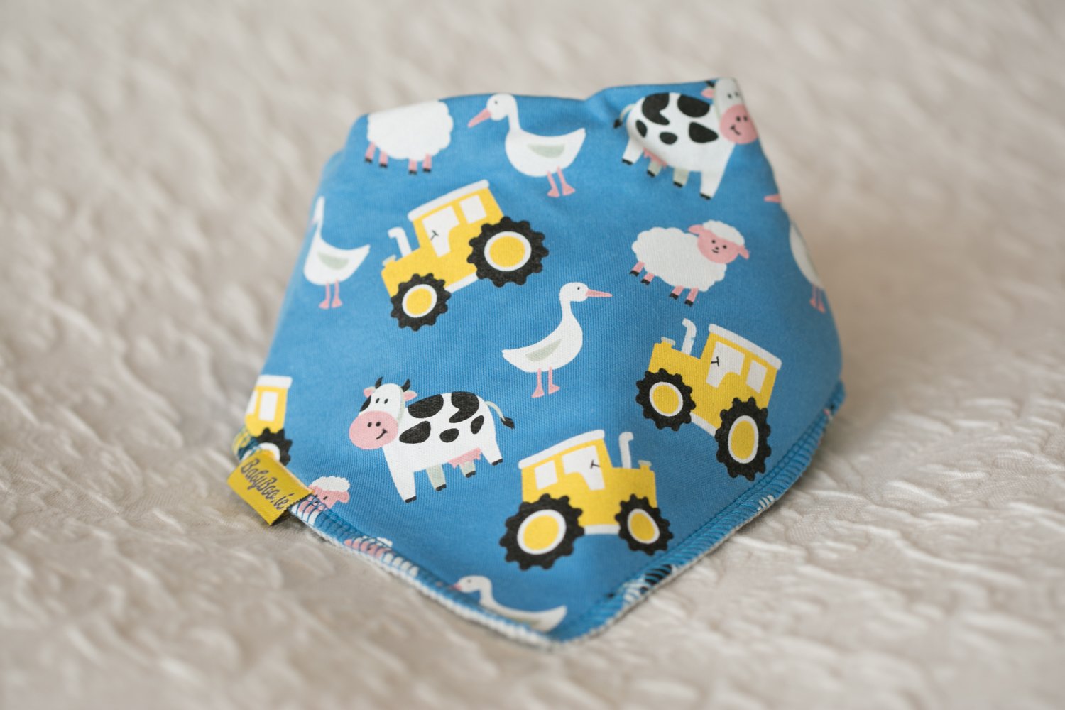 Blue farmyard organic cotton DribbleBoo bandana bib