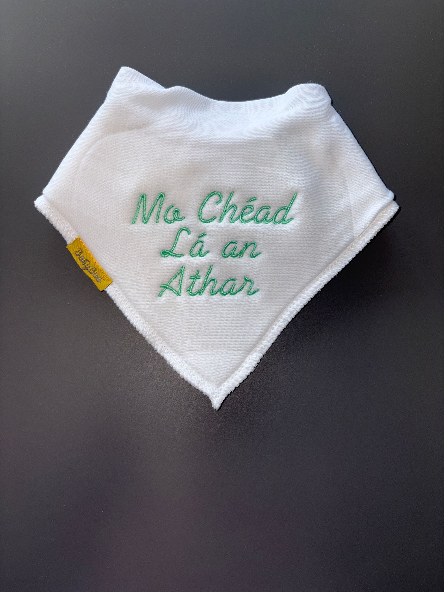 Mo Chéad Lá an Athar organic cotton bandana bib