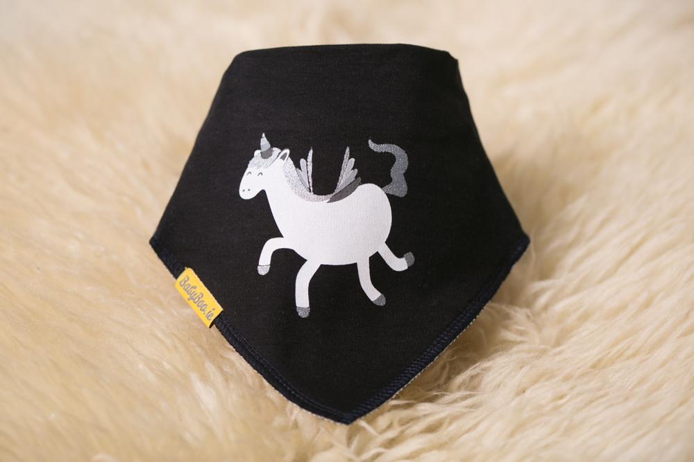 Glitter the unicorn black organic cotton DribbleBoo bandana bib