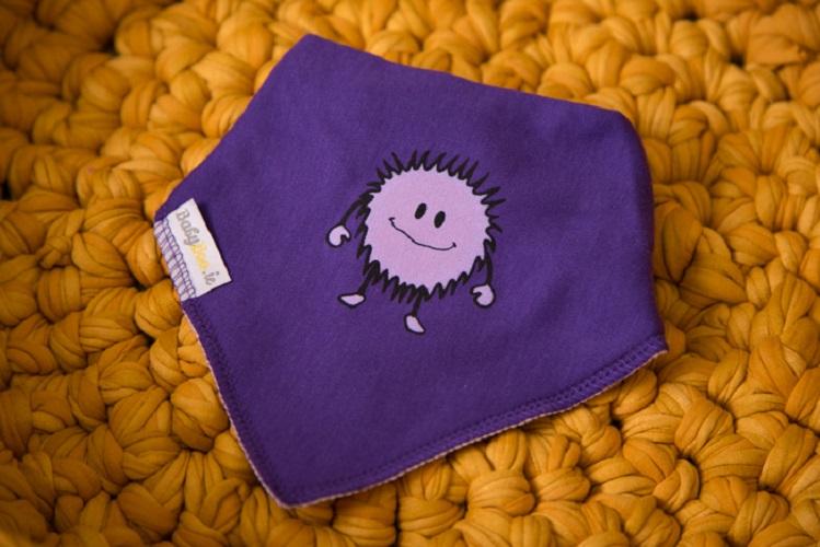 Purple friendly monster organic cotton DribbleBoo bandana bib