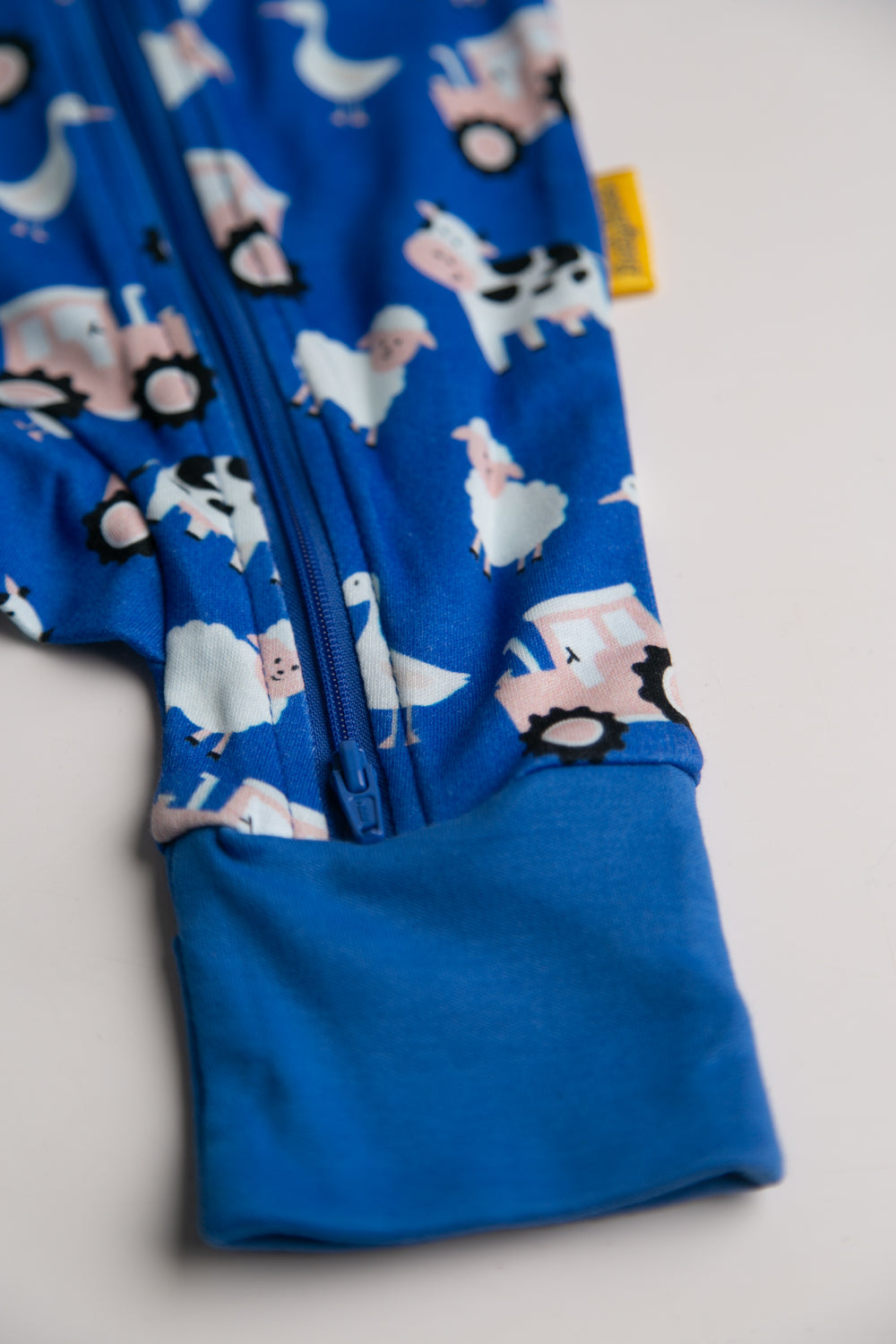 Blue Farmyard organic cotton ZippyBoo suit