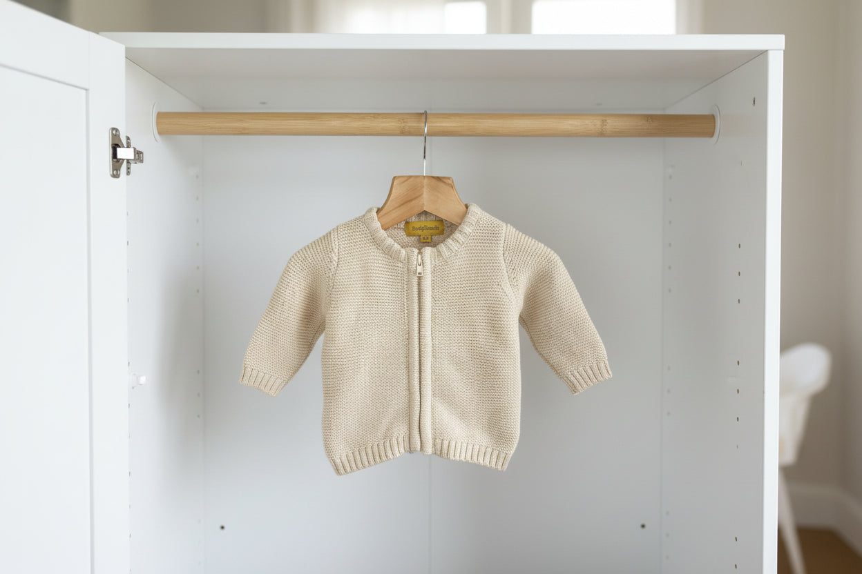 Beige knitted baby cardigan on a wooden hanger against a white background