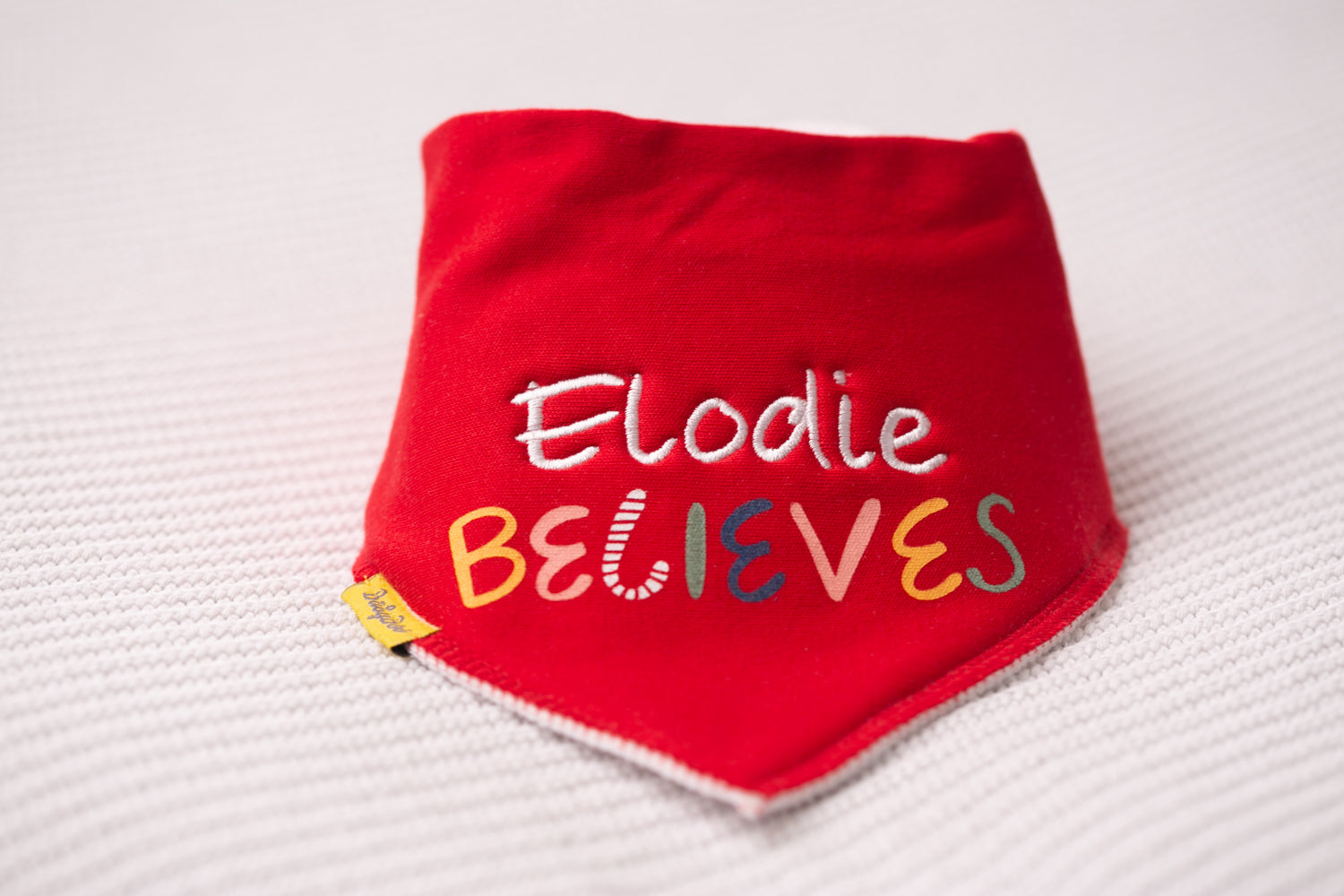 Personalised "believes" organic cotton DribbleBoo bandana bib