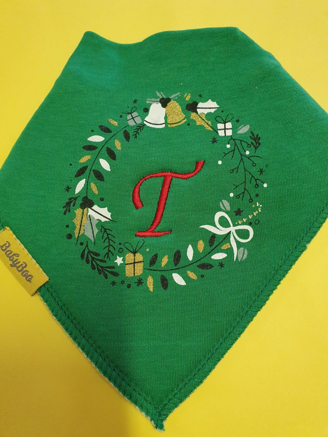 Personalised holly wreath organic cotton DribbleBoo bandana bib