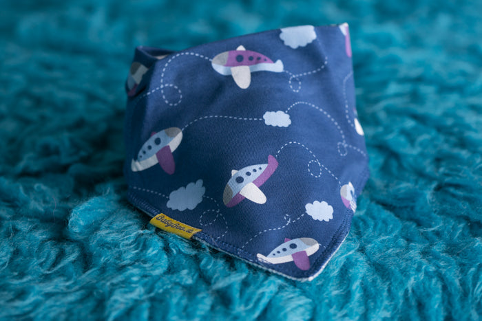 Blue Fly away aeroplanes organic cotton DribbleBoo bandana bib