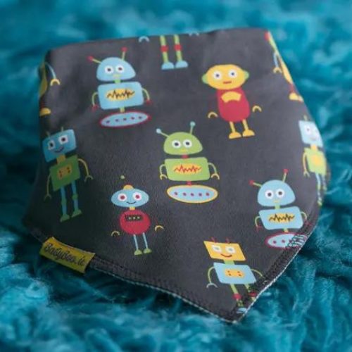Grey happy robots organic cotton DribbleBoo bandana bib
