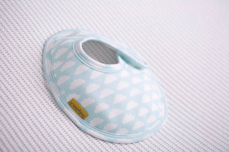 Aqua with white clouds organic cotton LittleBoo baby bib