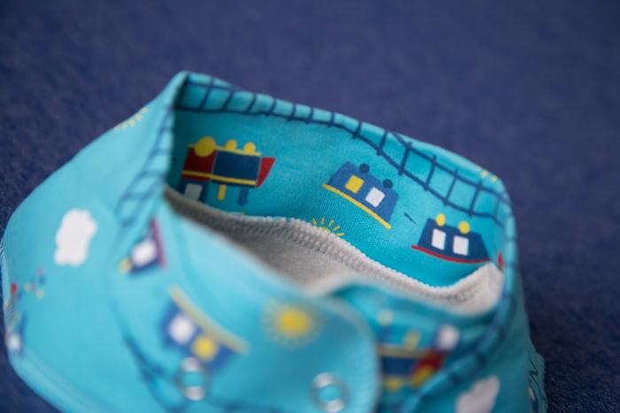 Choo choo trains turquoise organic cotton DribbleBoo bandana bib