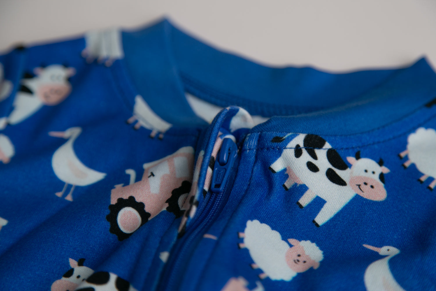 Blue Farmyard organic cotton ZippyBoo suit