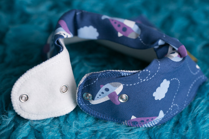 Blue Fly away aeroplanes organic cotton DribbleBoo bandana bib