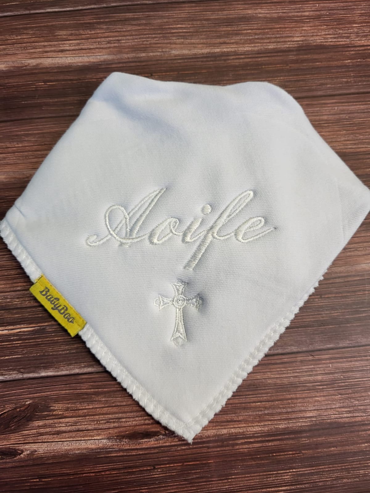 Name & Cross organic cotton Christening bib