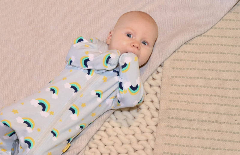 Aqua rainbows with navy organic cotton ZippyBoo suit