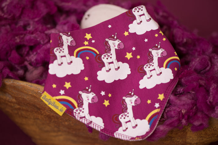 Plum unicorns & rainbows organic cotton DribbleBoo bandana bib