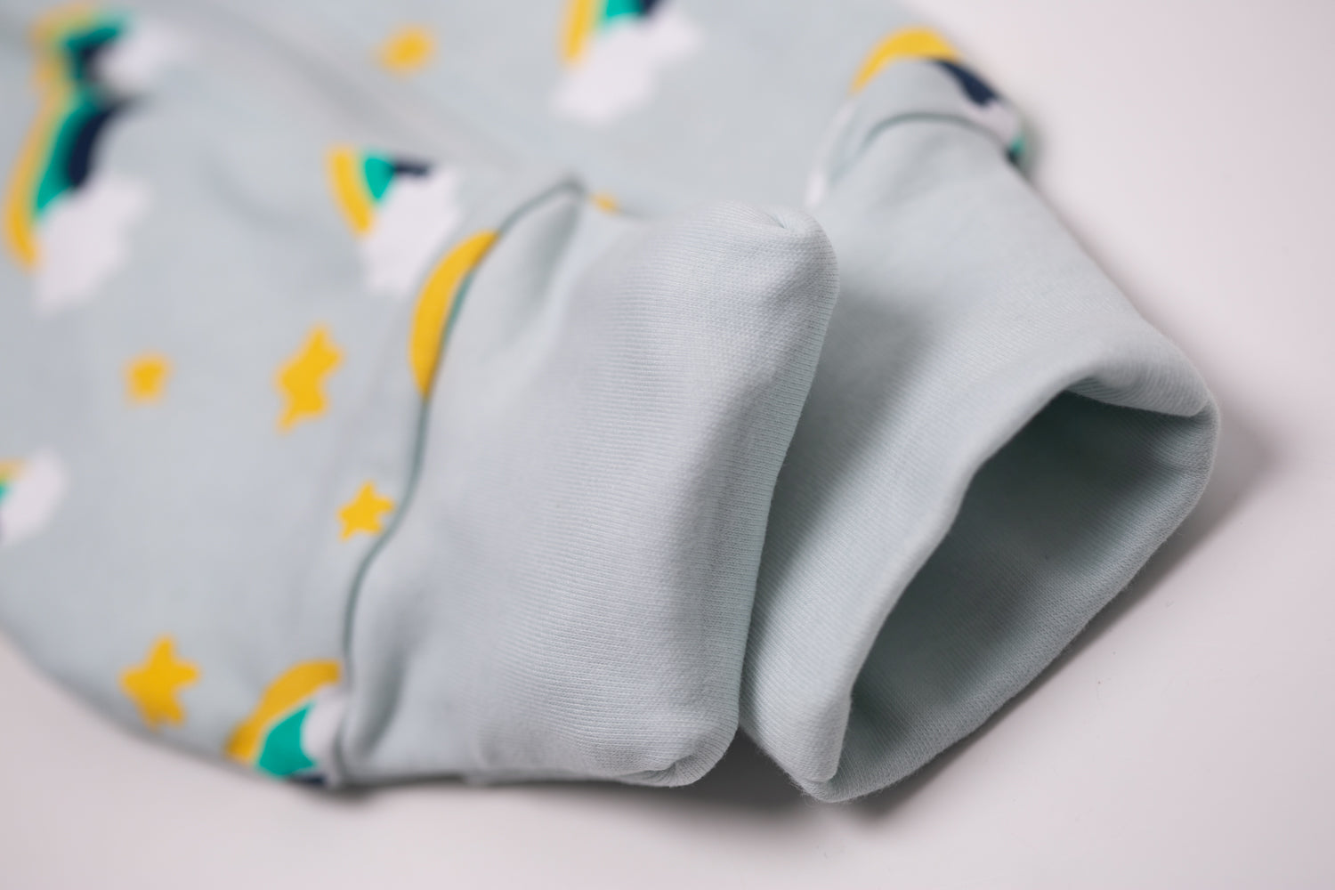 Aqua rainbows with navy organic cotton ZippyBoo suit