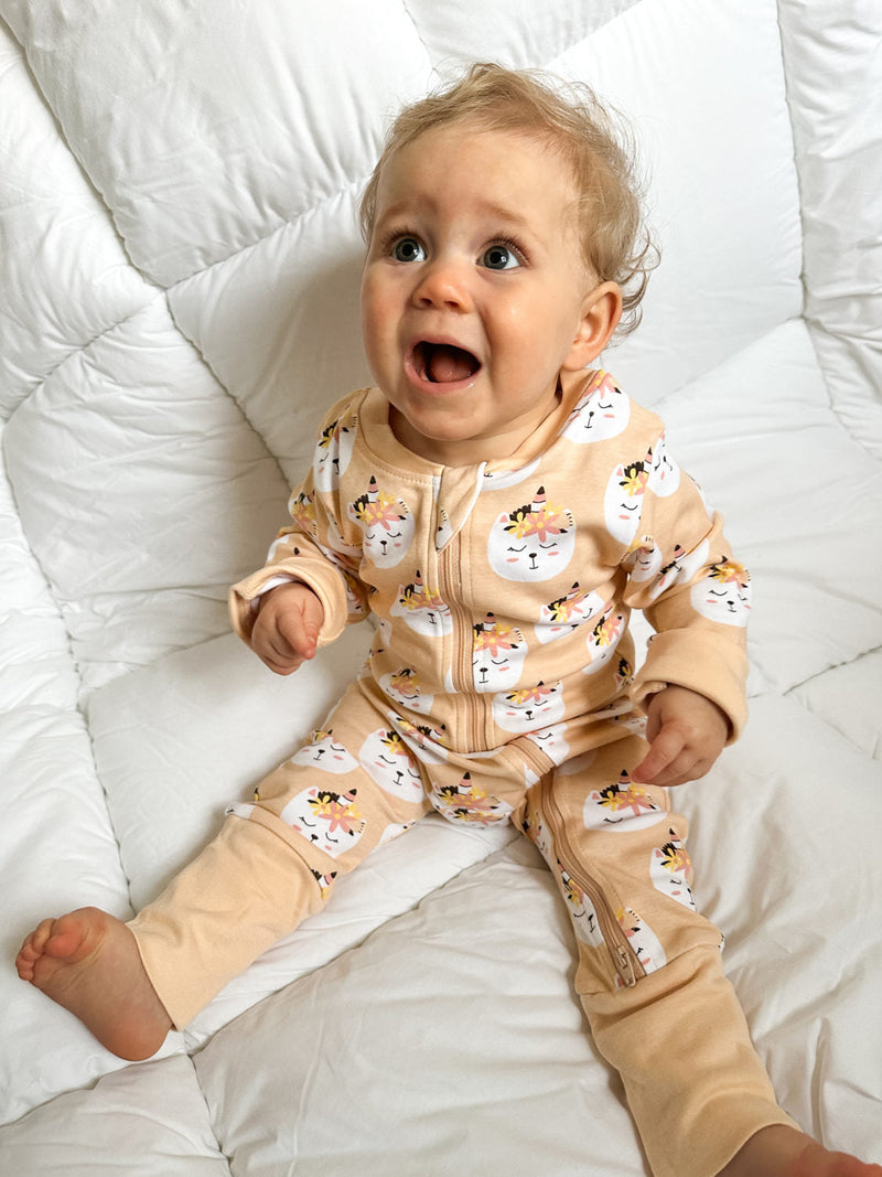 Peach caticorn organic cotton ZippyBoo suit