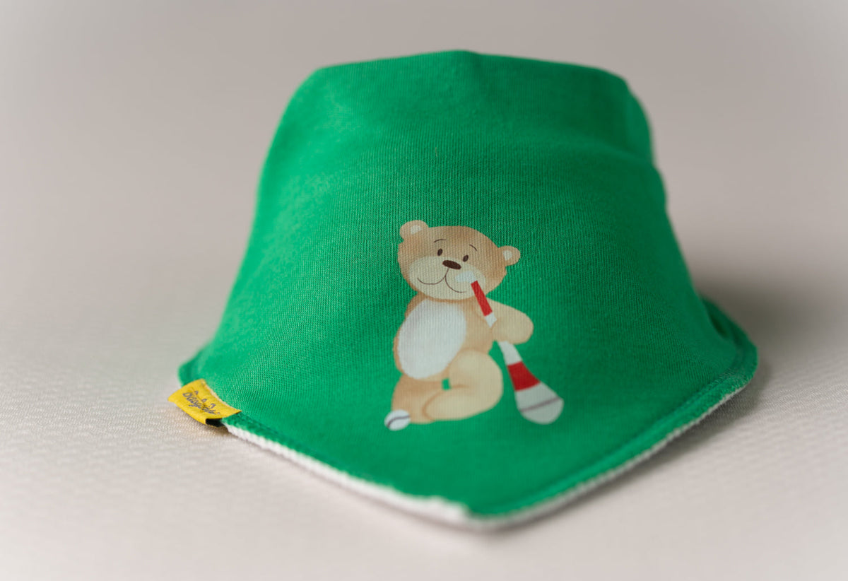 Puc about with Teddy organic cotton DribbleBoo bandana bib