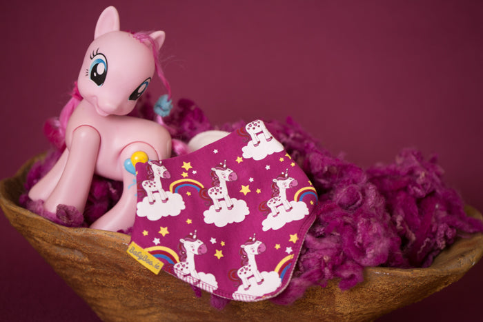Plum unicorns & rainbows organic cotton DribbleBoo bandana bib