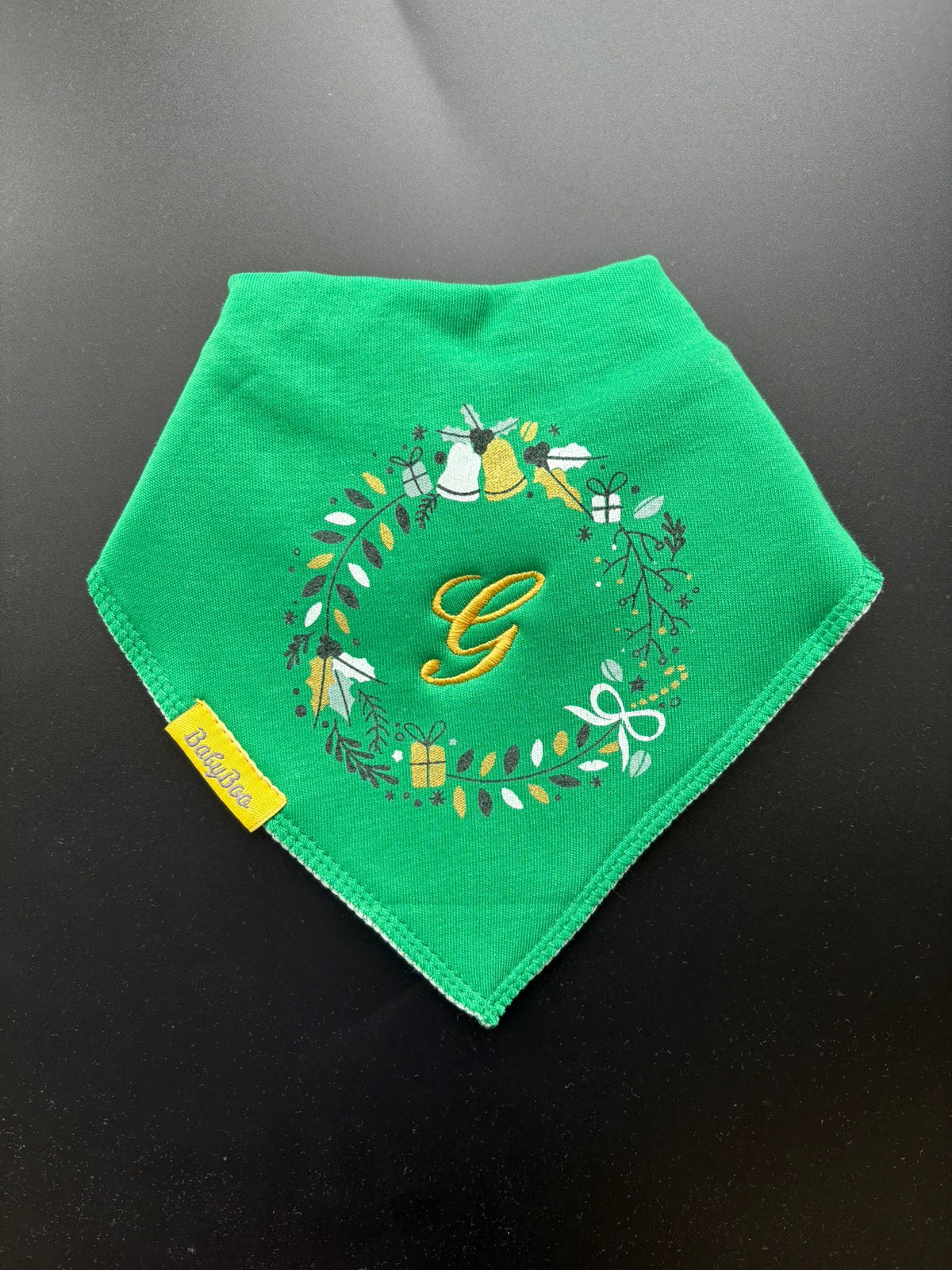 Personalised holly wreath organic cotton DribbleBoo bandana bib