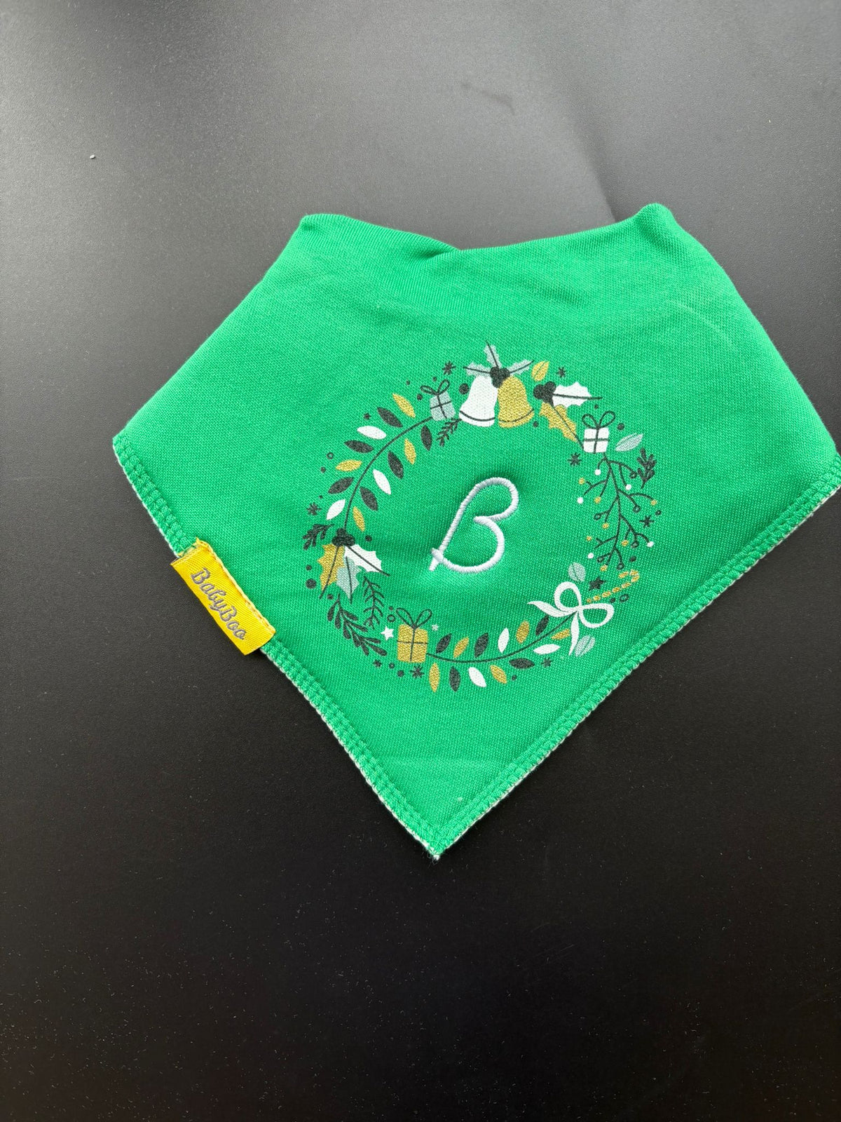 Personalised holly wreath organic cotton DribbleBoo bandana bib