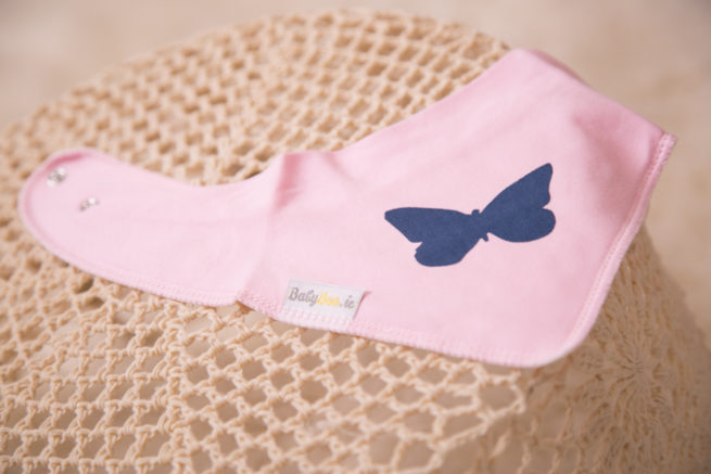 Pink with blue butterfly bandana bib
