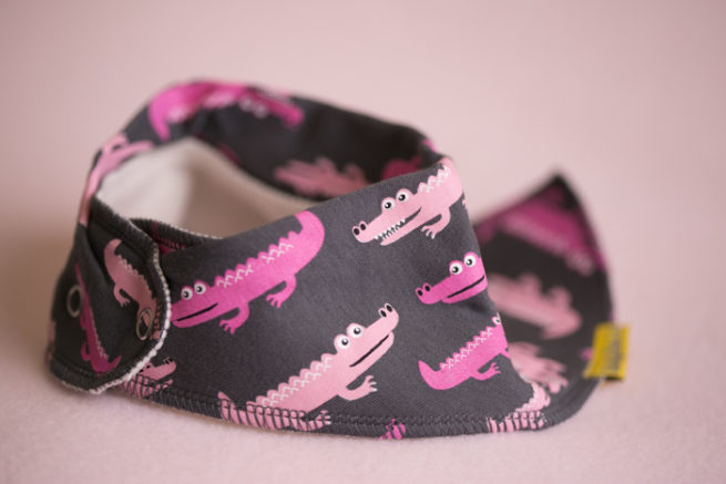 Grey and pink alligators bandana bib