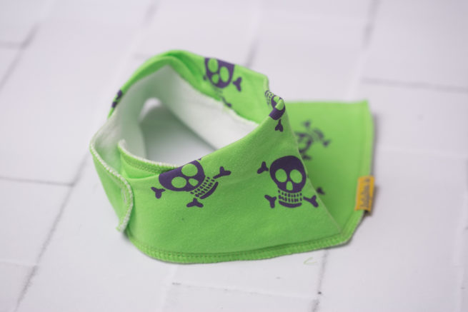Lime and purple skulls bandana bib
