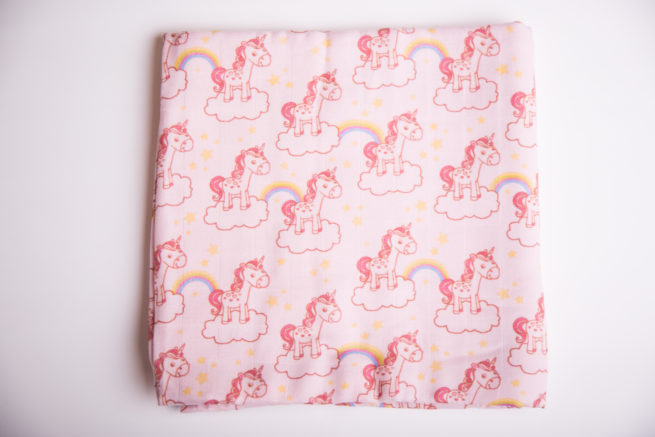 Pink unicorns super square organic cotton muslin