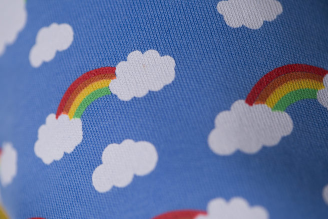Blue rainbows and clouds organic cotton bandana bib