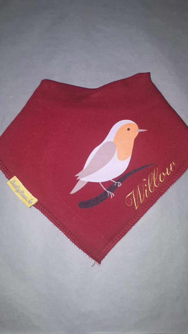 Personalised wine Robin organic cotton DribbleBoo bandana bib