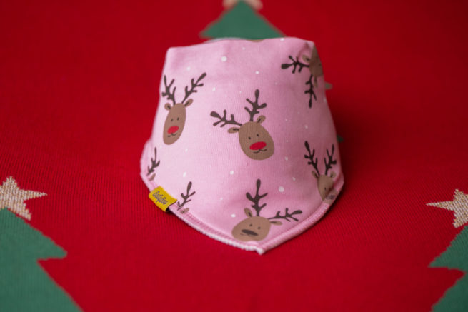 Pink reindeer everywhere organic cotton DribbleBoo bandana bib