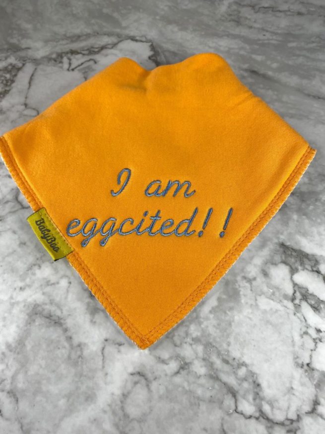 I am eggcited organic cotton DribbleBoo bandana bib