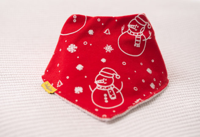 Red snowmen doodles organic cotton DribbleBoo bandana bib