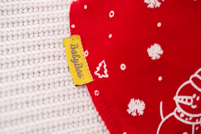 Red snowmen doodles organic cotton DribbleBoo bandana bib - Image 3