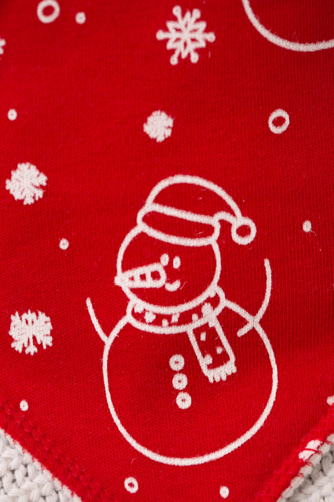 Red snowmen doodles organic cotton DribbleBoo bandana bib - Image 2