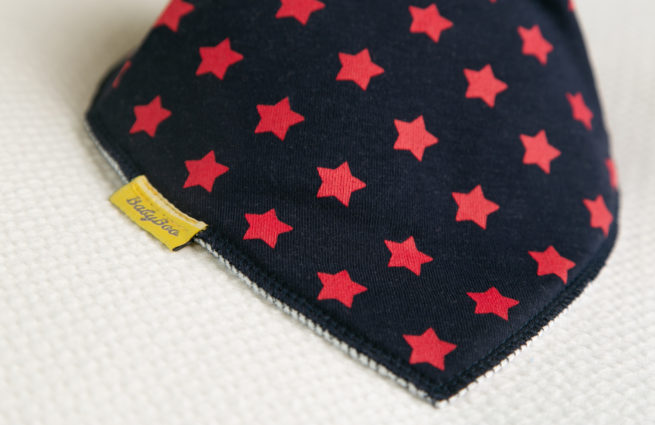 Navy with Red stars organic cotton DribbleBoo bandana bib - Image 2