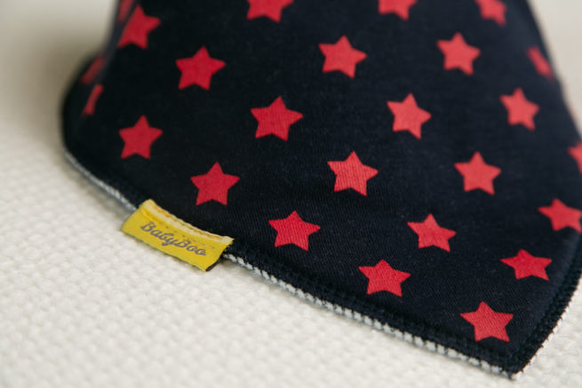 Navy with Red stars organic cotton DribbleBoo bandana bib - Image 6